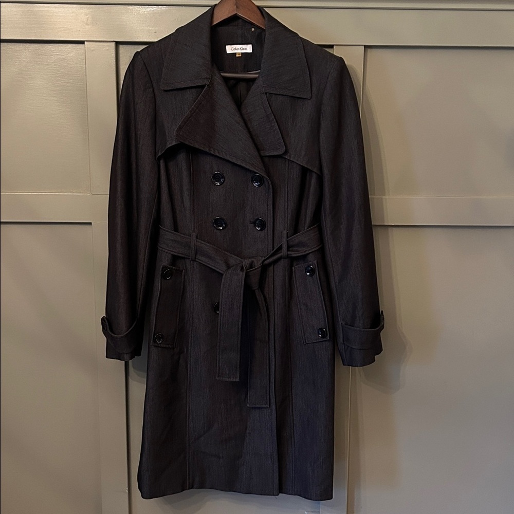 Calvin Klein Belted Trench Coat Double Breasted Charcoal Dark Gray Size Medium